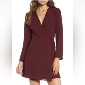 Lush Elly Nordstrom Burgundy Wrap Dress Size M Mid Thigh Long Sleeve Chiffon
